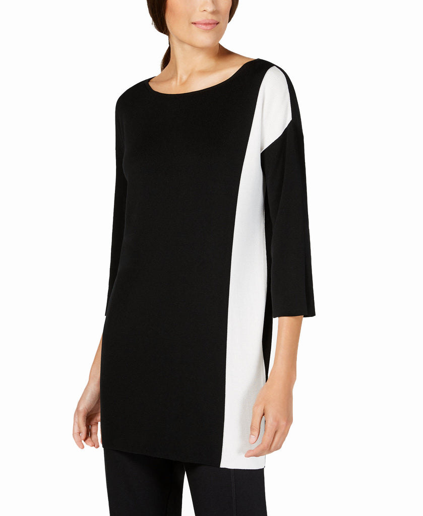 Eileen Fisher Women Petite Tencel Colorblocked Boat Neck Sweater Black Soft White