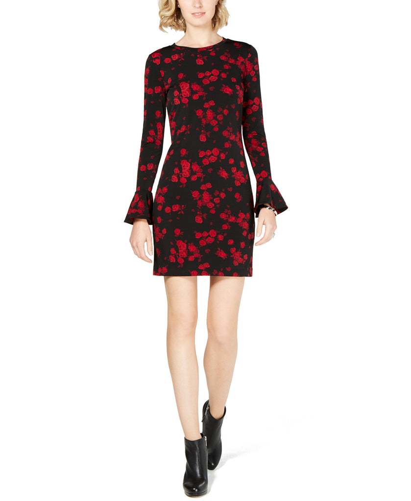 MICHAEL Michael Kors Women Petite Printed Flounce Sleeve Shift Dress Black Red Currant