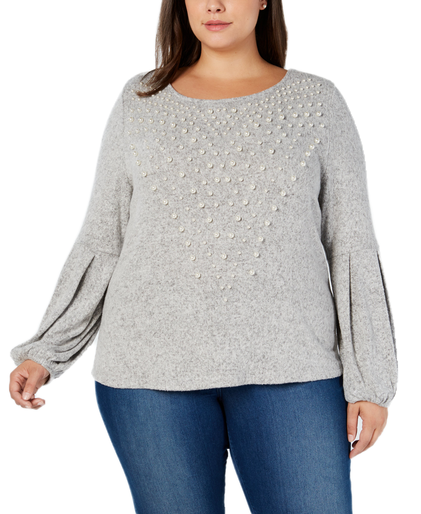 INC International Concepts Women Plus Pearl Embellished Puff Sleeve Sweater Heather Belle Grey