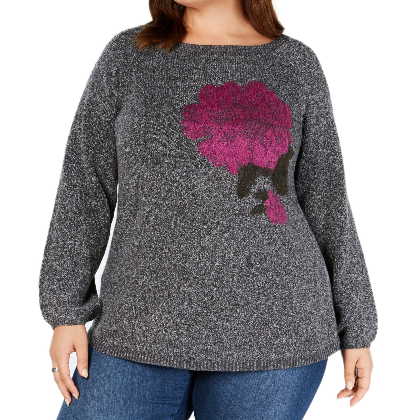 Style & Co Women Plus Jacquard Floral Sweater Black Heather Combo