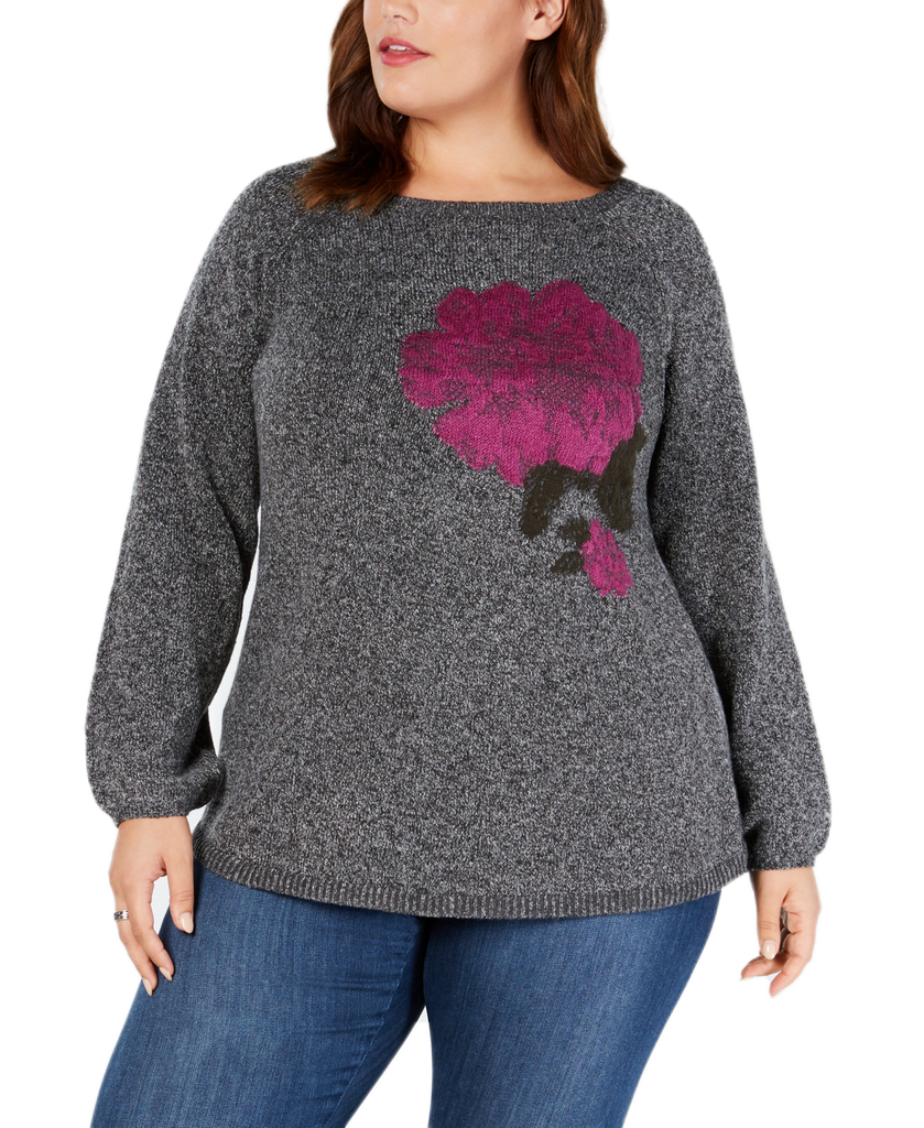 Style & Co Women Plus Jacquard Floral Sweater Black Heather Combo