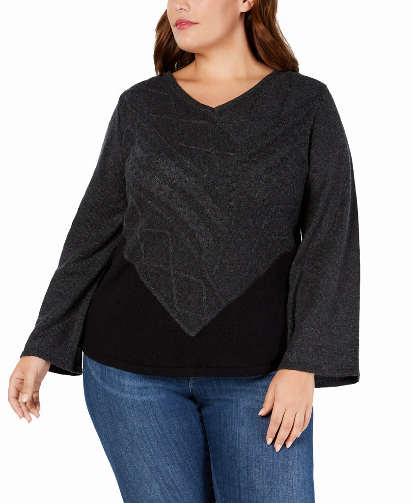 Style & Co Women Plus V Neck Mixed Stitch Sweater Black Heather
