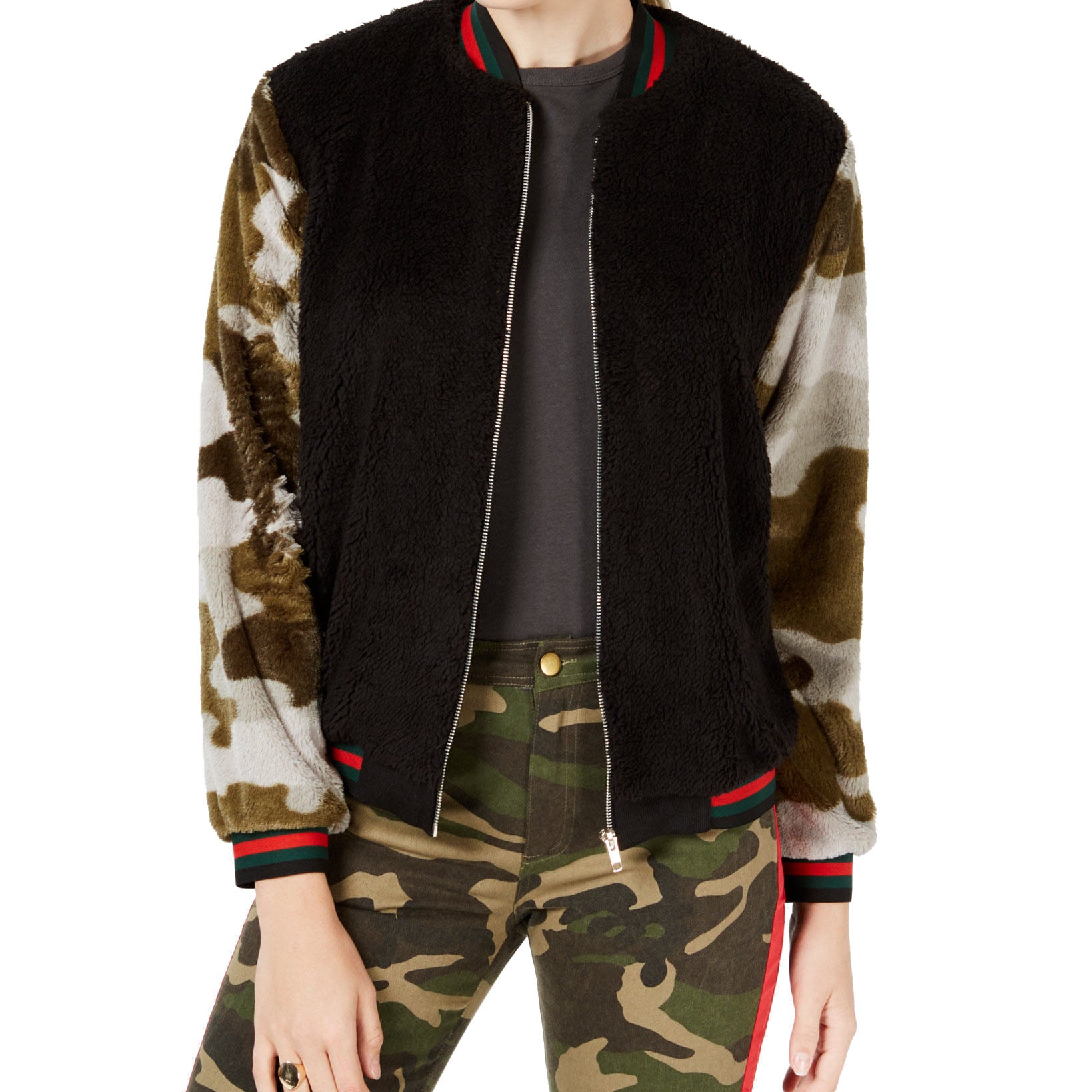 Gypsies & Moondust Juniors Faux Fur Bomber Jacket Black Olive
