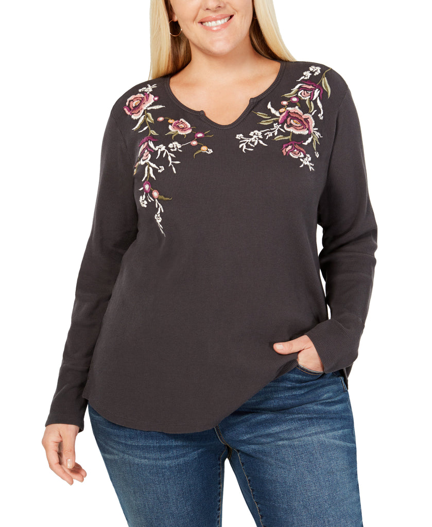 Style &amp; Co Women Plus Cotton Embroidered Thermal Top Grey Desert