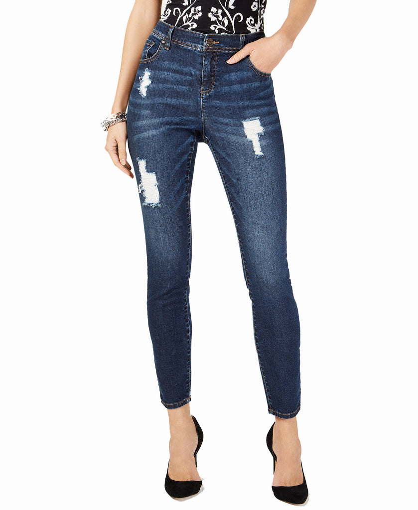 INC International Concepts Women Destructed Skinny Jeans Dark Indigo