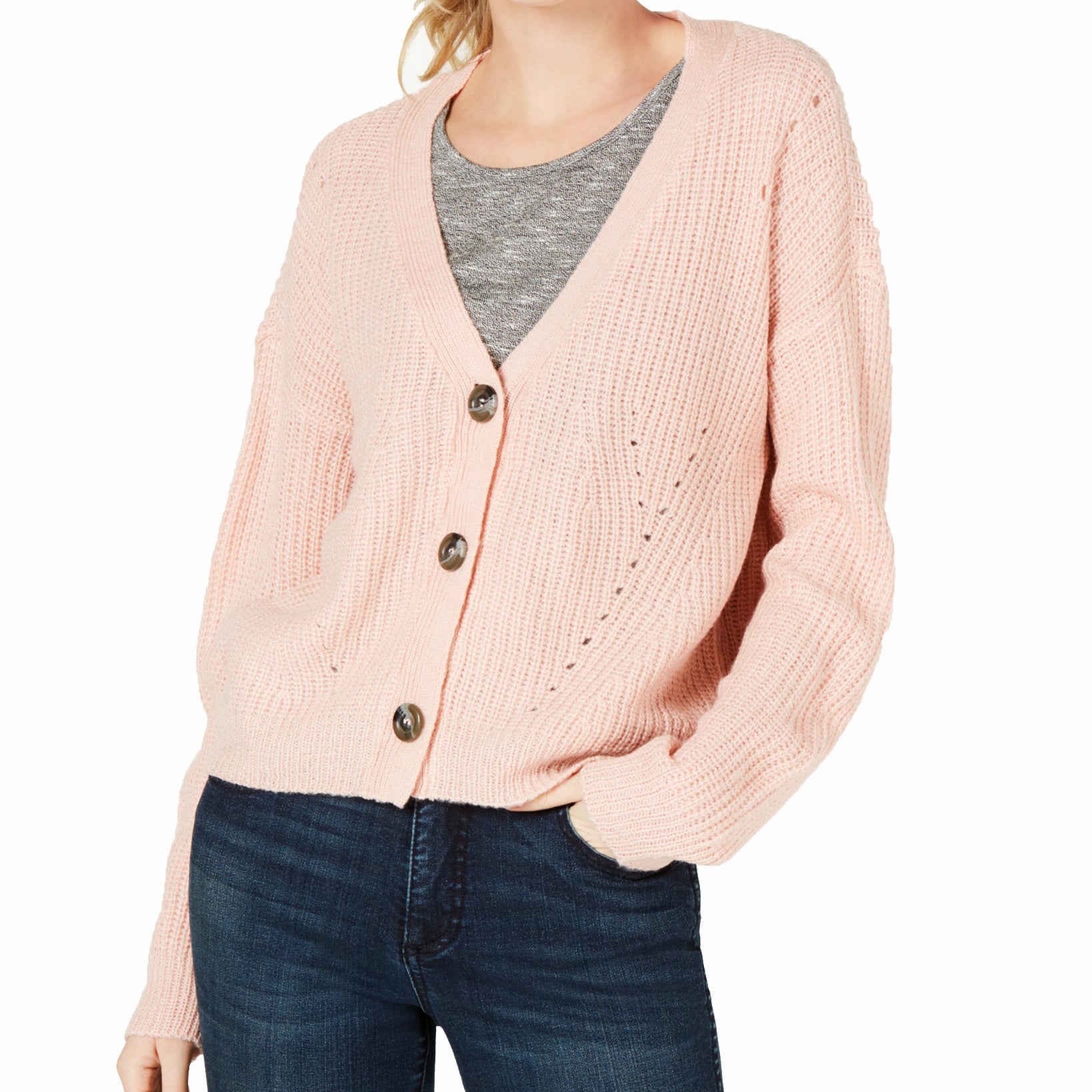 Ultra Flirt Juniors Cropped Button Front Cardigan Silver Pink