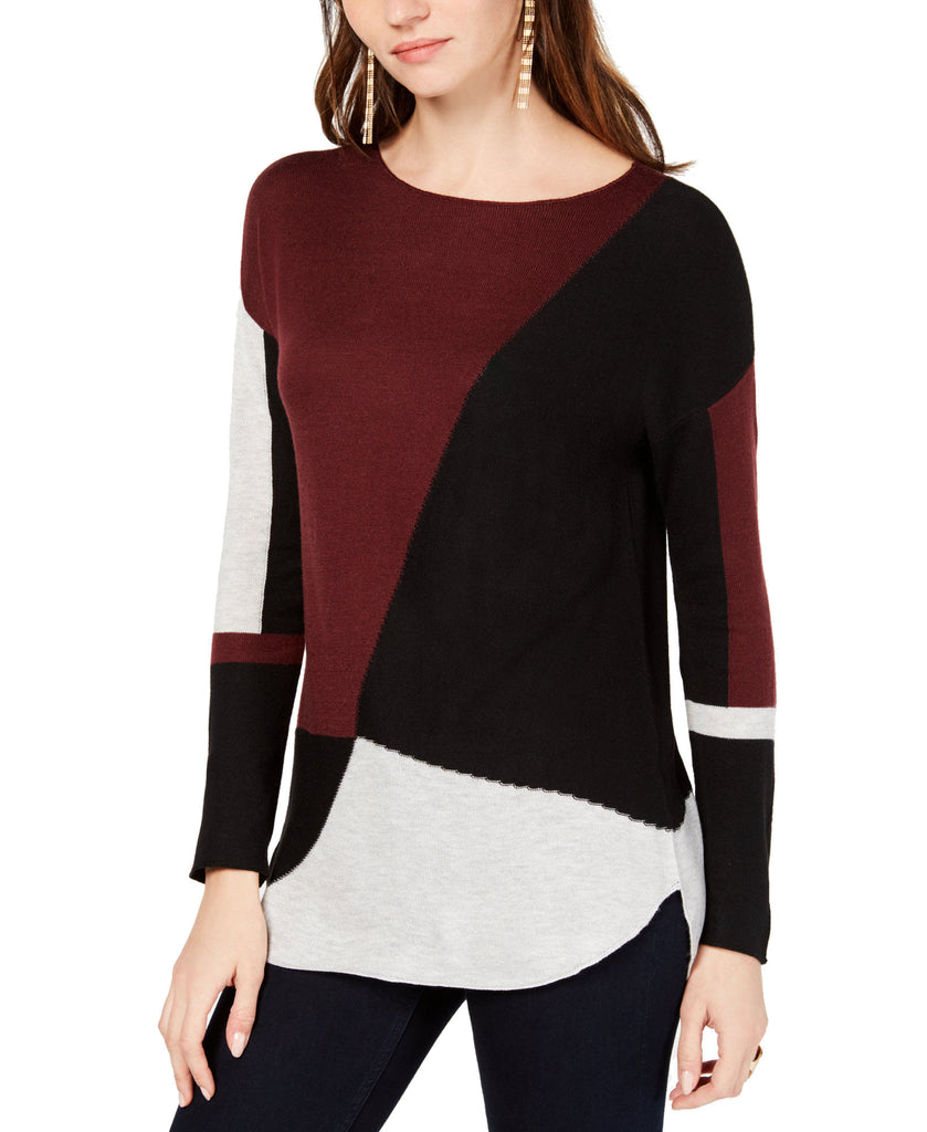 INC International Concepts Women Colorblocked Shirttail Sweater Port