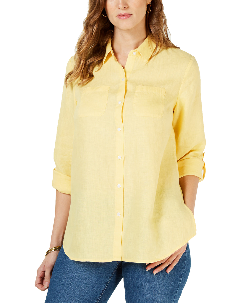 Charter-Club-Women-Petite-Linen-Button-Front-Shirt-Lemon-Spritz