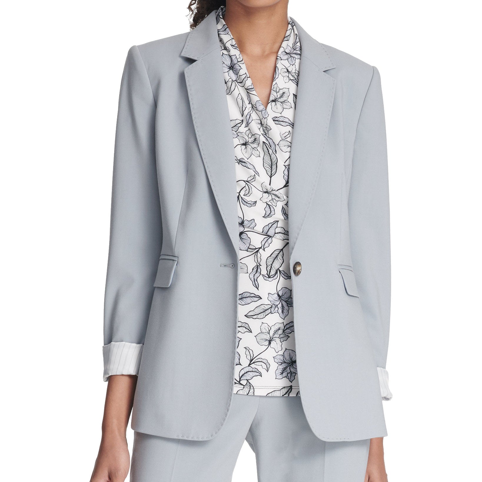 DKNY Women One Button Jacket With Striped Cuffs Celeste Blue
