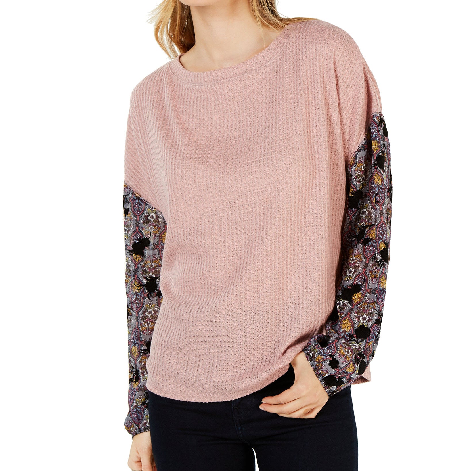 Gypsies & Moondust Juniors Waffle Knit Sheer Sleeve Top Mauve Grey