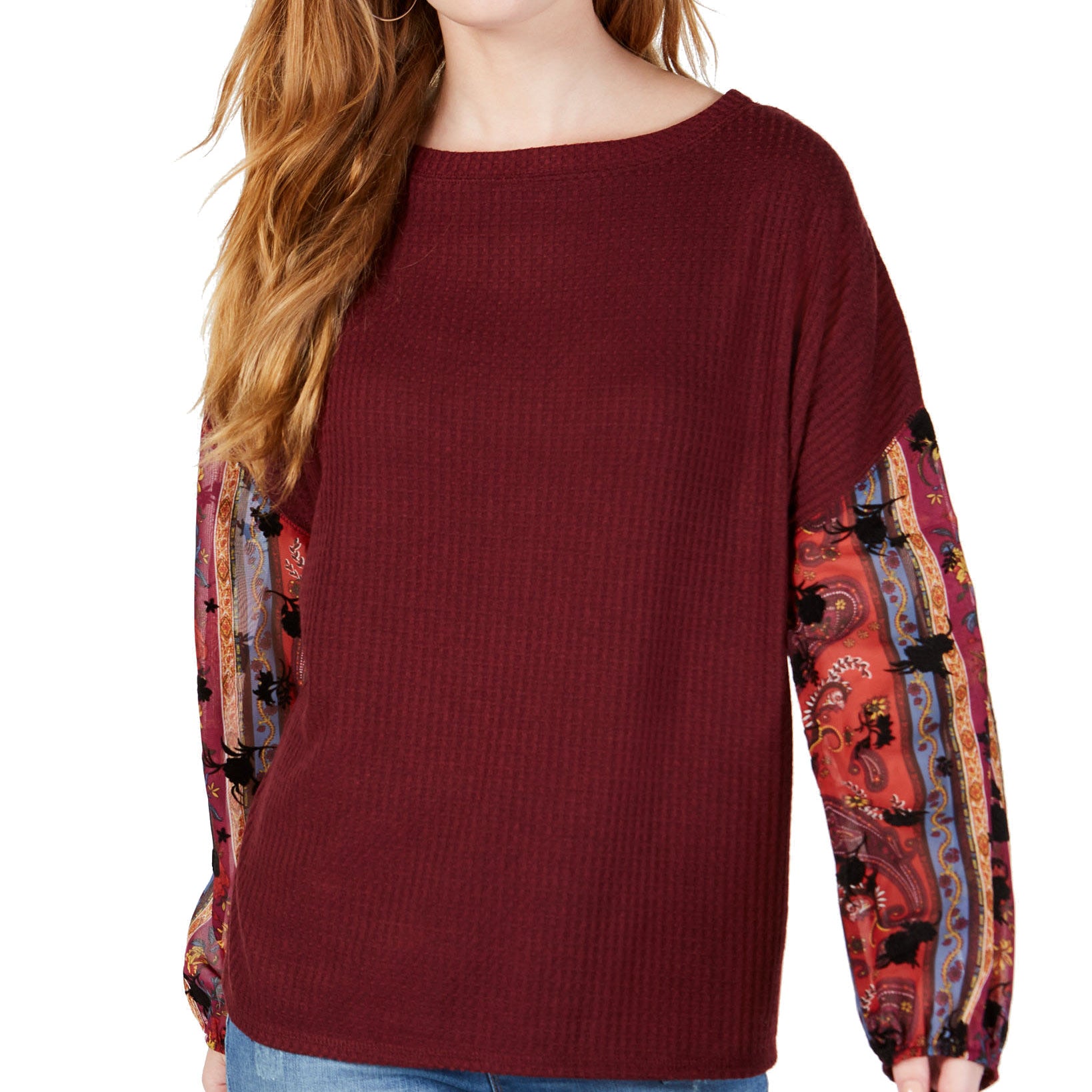 Gypsies & Moondust Juniors Waffle Knit Sheer Sleeve Top Wine