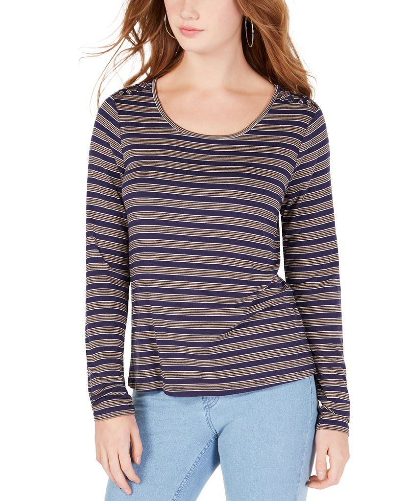 Hippie Rose Striped Lace Up Shoulder Top Navy Combo
