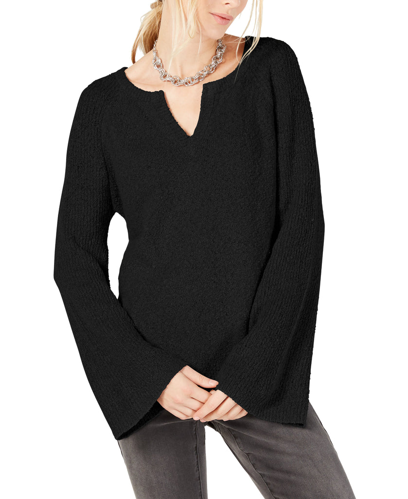 INC International Concepts Women Textured Bell Sleeve Sweater Deep Black
