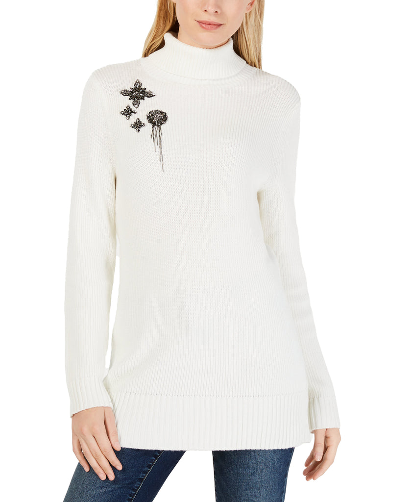 INC International Concepts Women Long Turtleneck Brooch Sweater Washed White