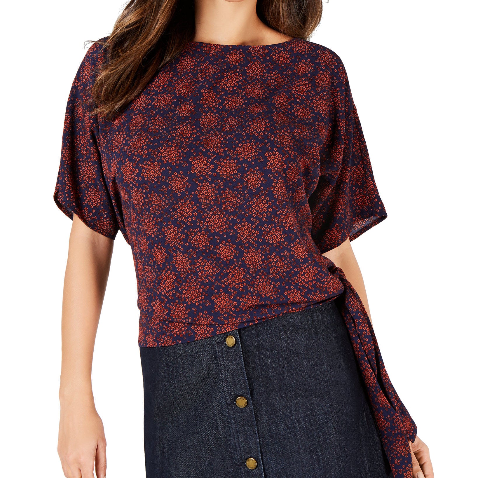MICHAEL Michael Kors Women Printed Side Tie Top True Navy Bright Terra Cotta
