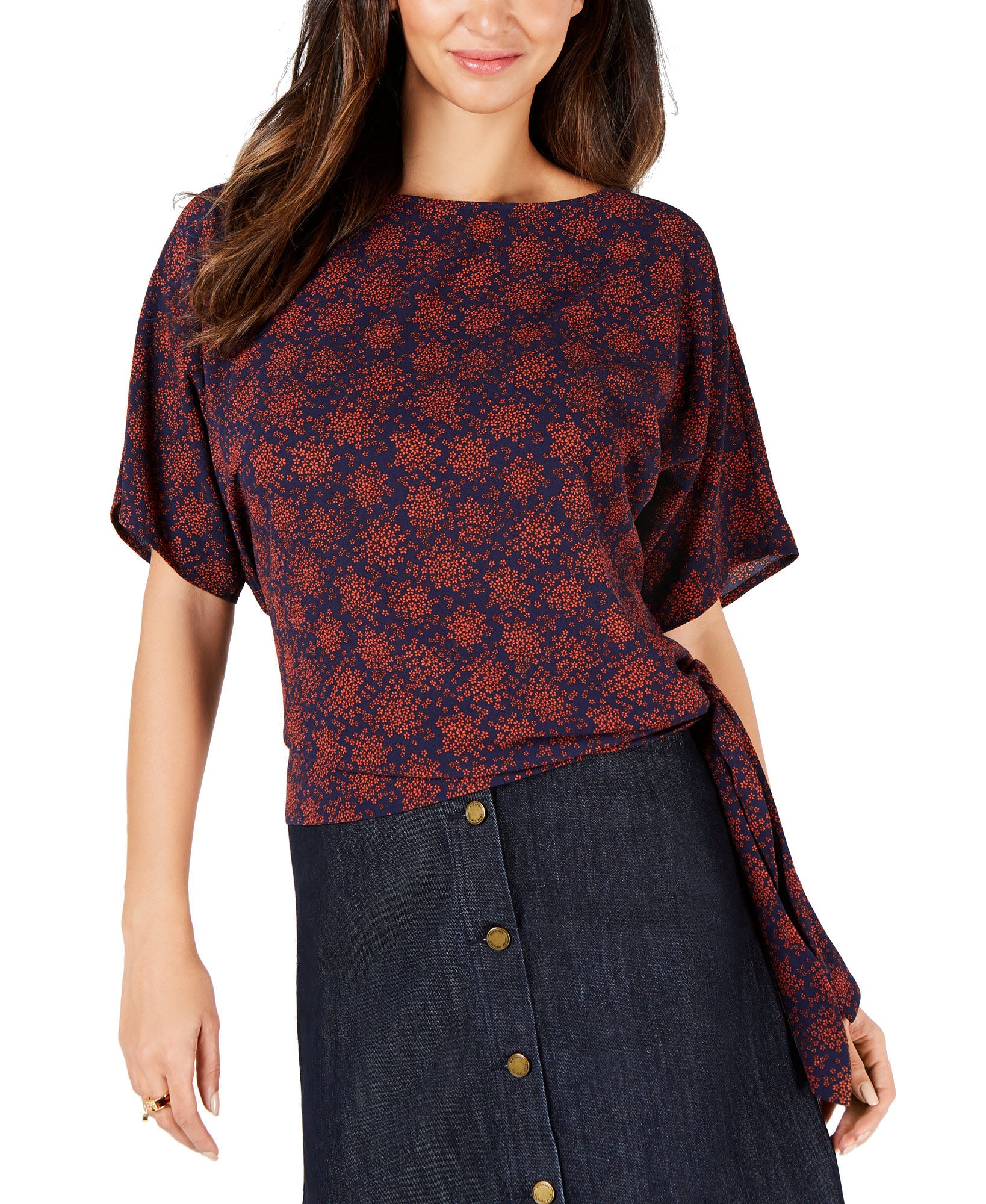 MICHAEL Michael Kors Women Printed Side Tie Top True Navy Bright Terra Cotta