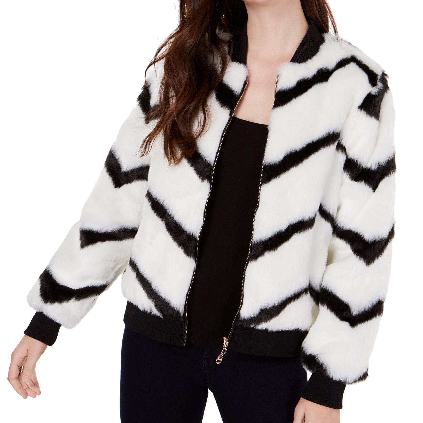 Say What Juniors Chevron Printed Faux Fur Bomber Jacket Black White