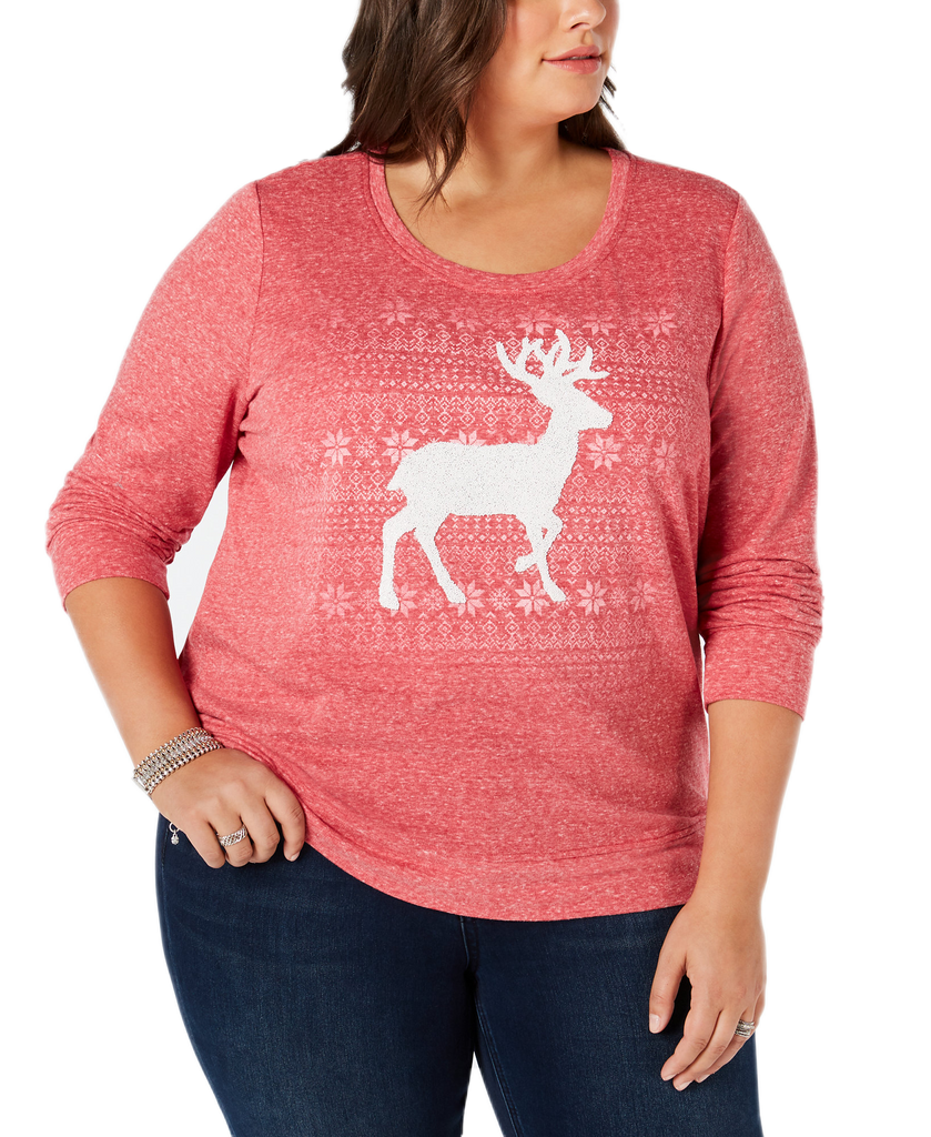 Style & Co Women Plus Reindeer Sweatshirt Canyon Red