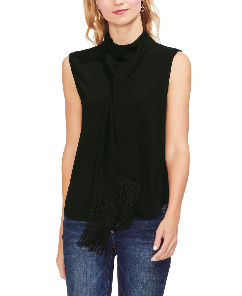 Vince Camuto Women Mock Neck Fringed Scarf Top Rich Black