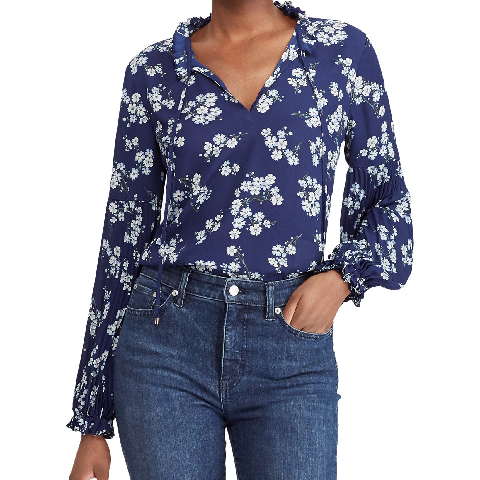 Lauren Ralph Lauren Women Petite Floral Print Georgette Top Blue