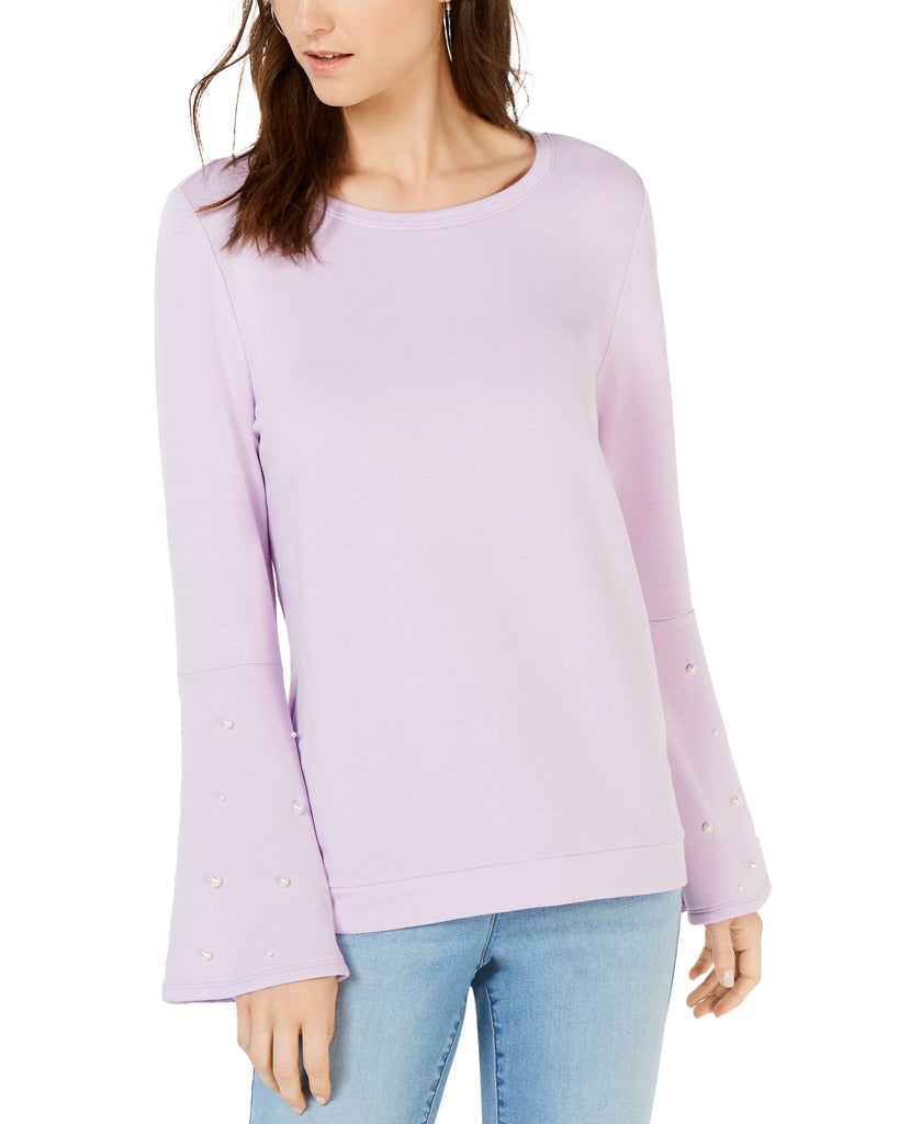 INC International Concepts Women Embellished Bell Sleeve Sweatshirt Purple