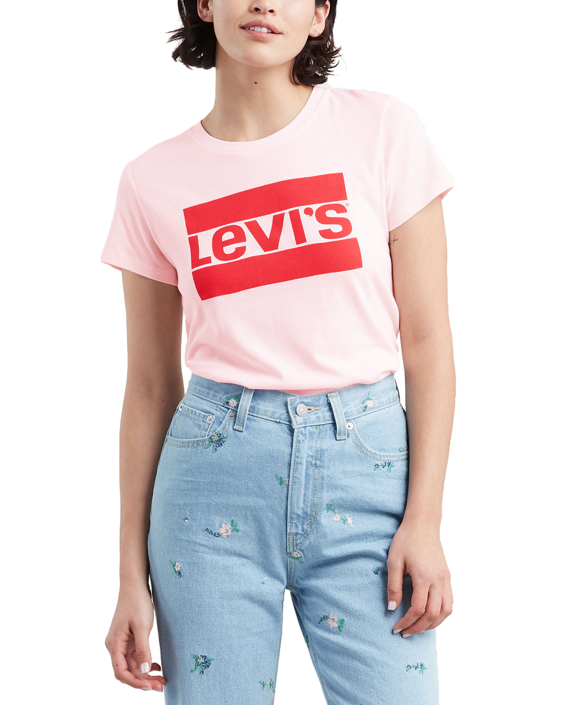 Levis Women Womens Flocked Logo Print T Shirt Pink