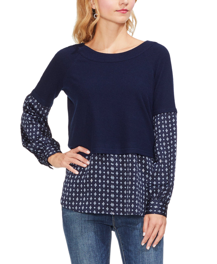 Vince Camuto Women Mixed Media Boat Neck Top Classic Navy