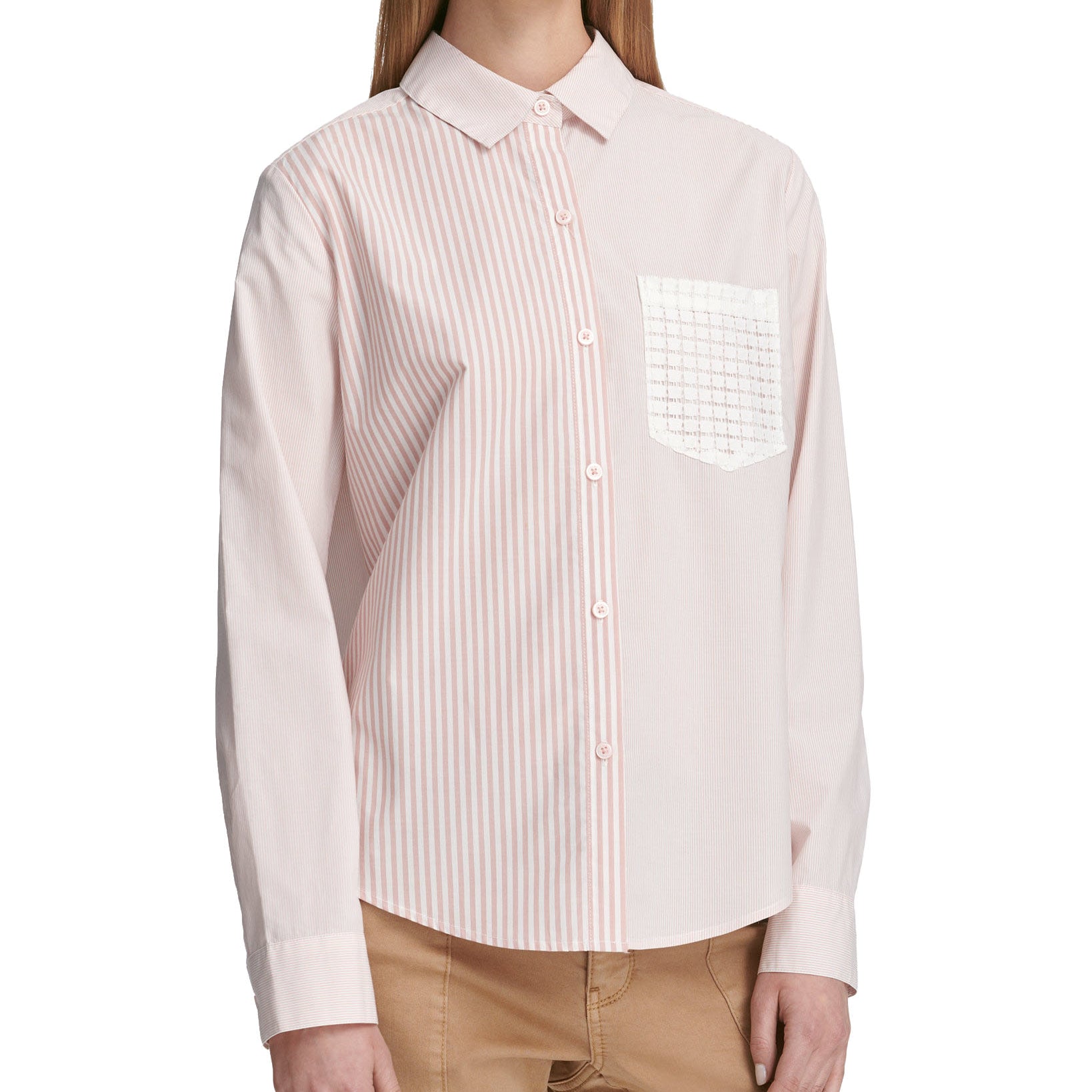 DKNY Women Long Sleeve Striped Button Up Shirt Blush Combo