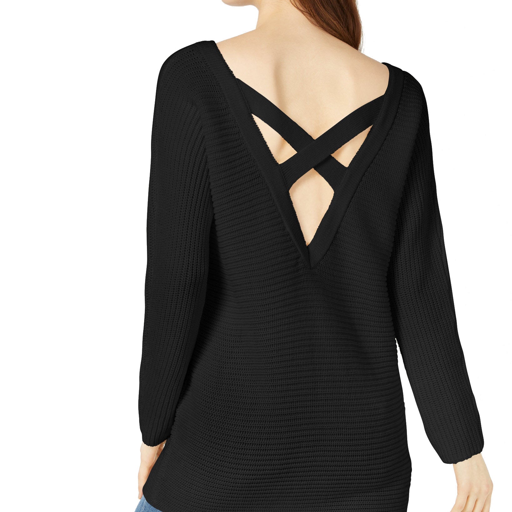 Bar III Women Crisscross Back Tunic Sweater Deep Black