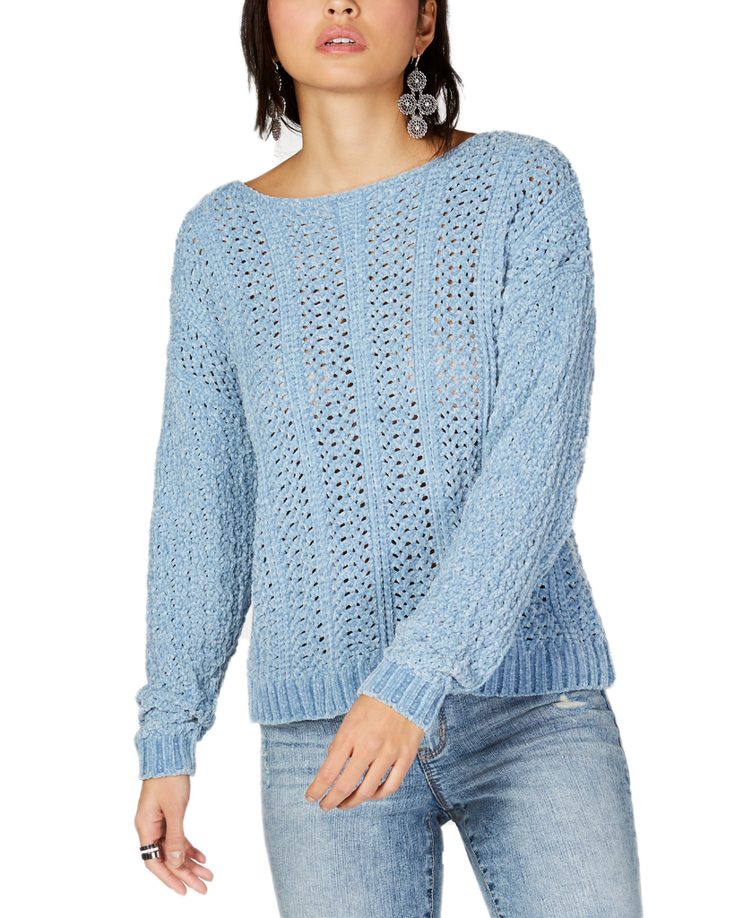 INC International Concepts Women Cable Knit Chenille Sweater Blue Seashell