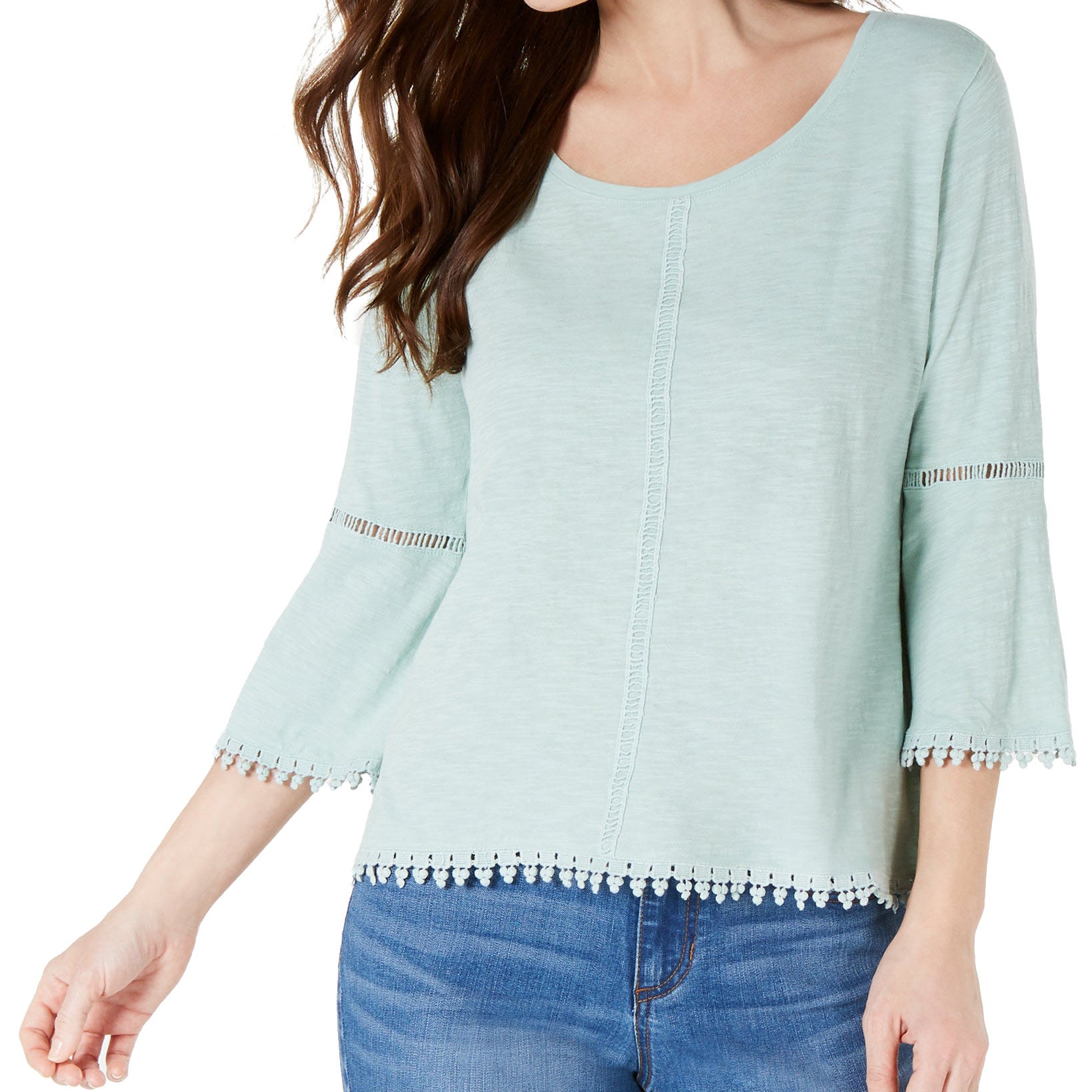 Style & Co Women Petite Crochet Trim Bell Sleeve Top Mint Ice
