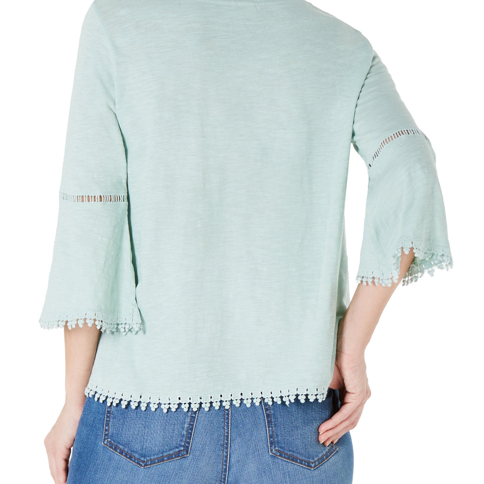 Style & Co Women Petite Crochet Trim Bell Sleeve Top