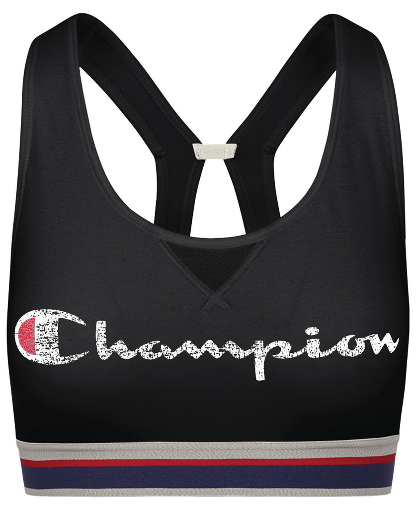 Champion Women Authentic Logo Print Cutout Racerback Medium Impact Sports Bra Black