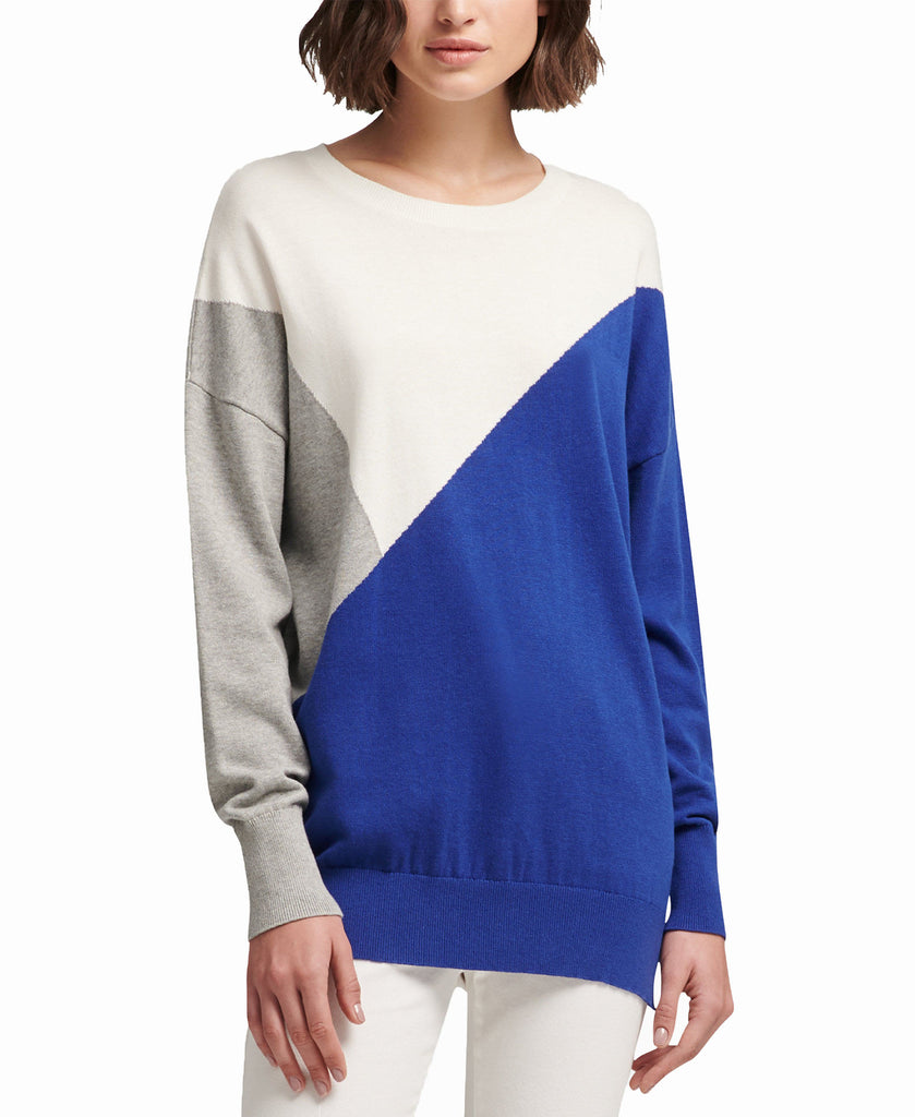 DKNY Women Cotton Colorblock Sweater Sapphire Multi