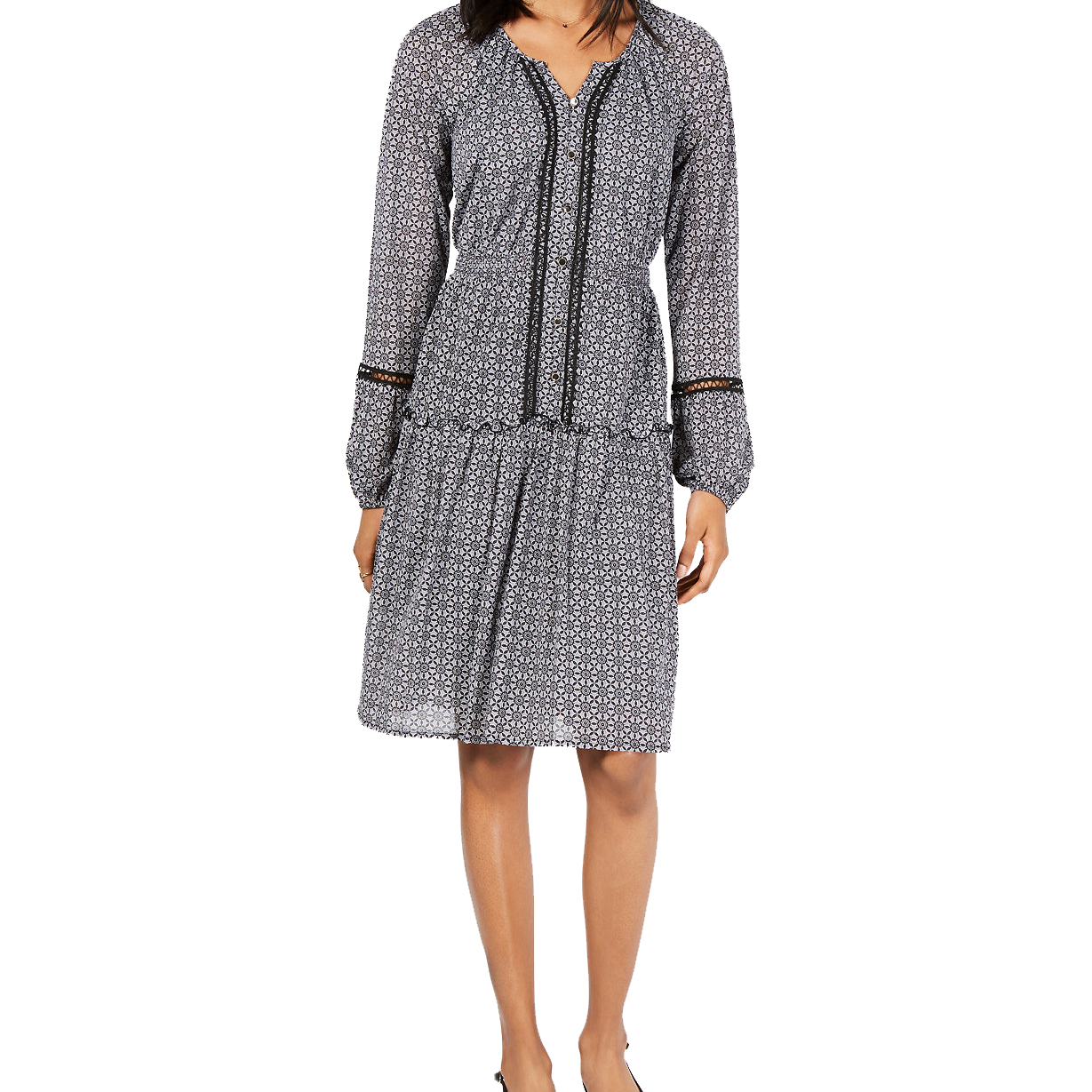 Style & Co Women Printed Split Neck A Line Dress Folk Tiles