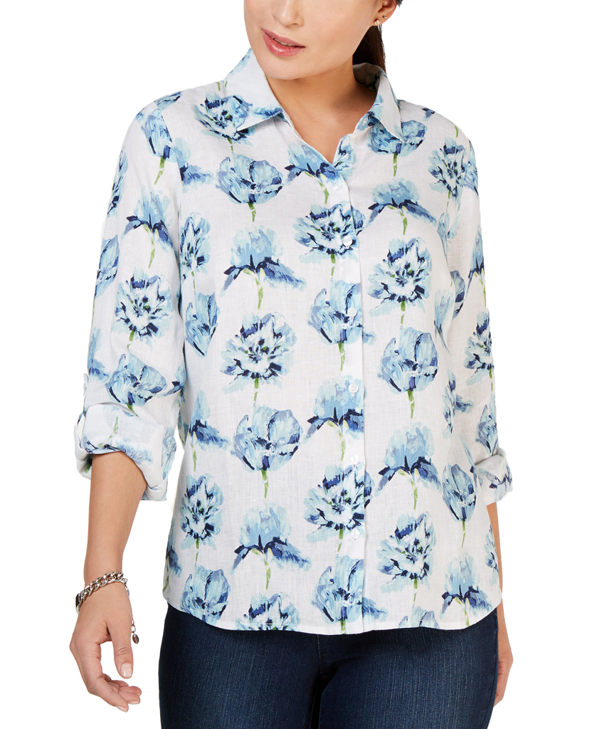Charter Club Floral Printed Linen Shirt Bright White Combo