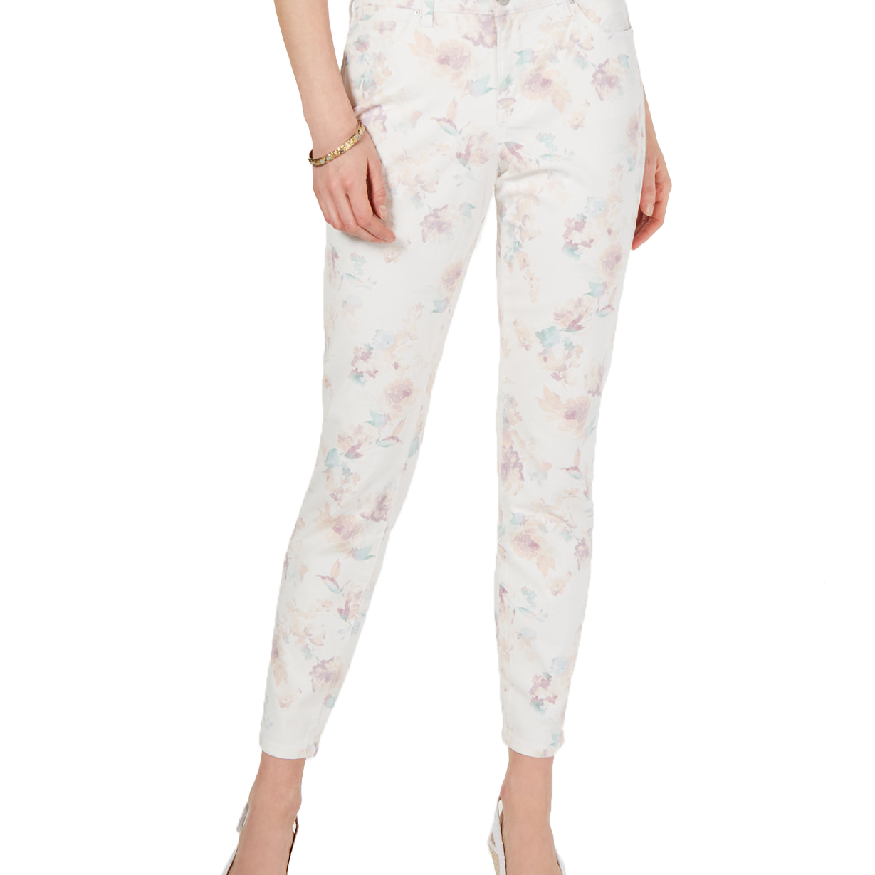 Style & Co Women Floral Print Skinny Jeans Cream