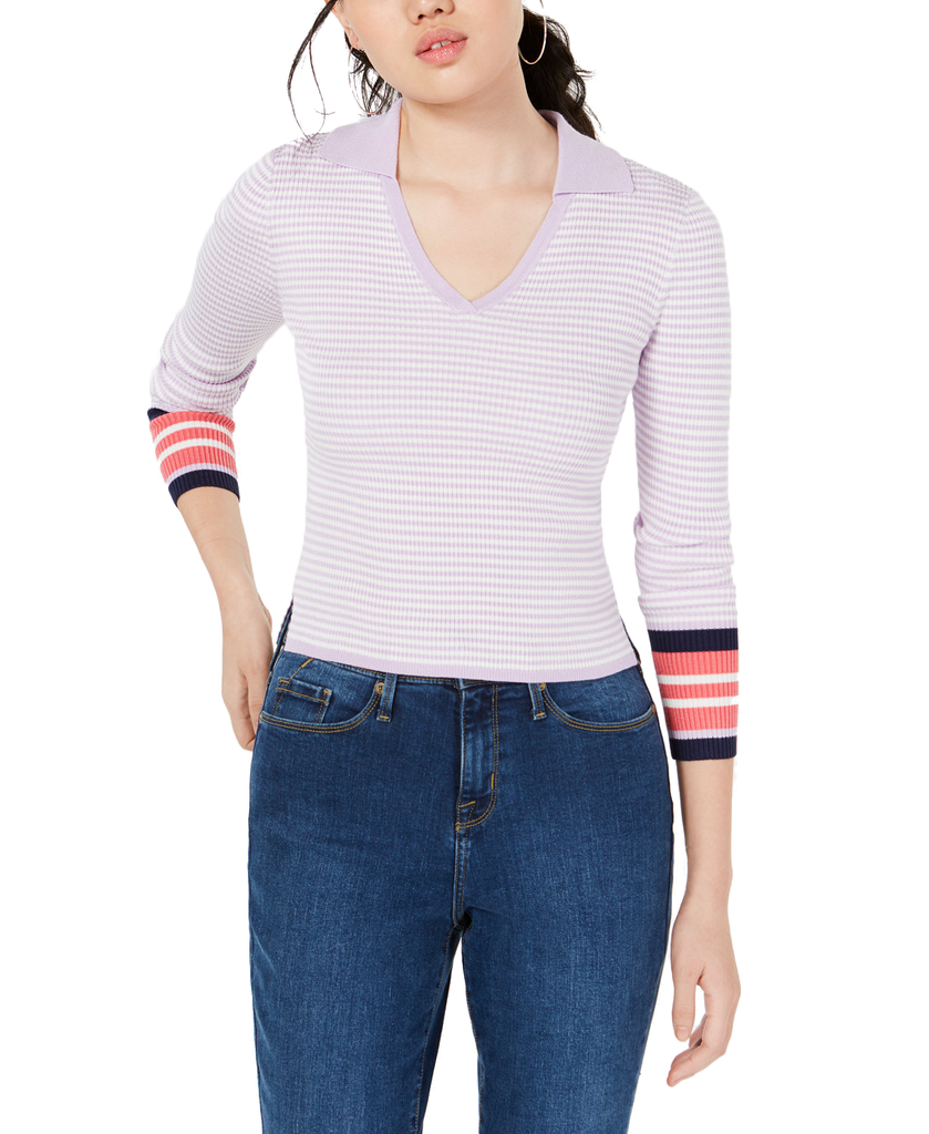 Freshman Women Contrast Striped Polo Sweater Lavender Bloom