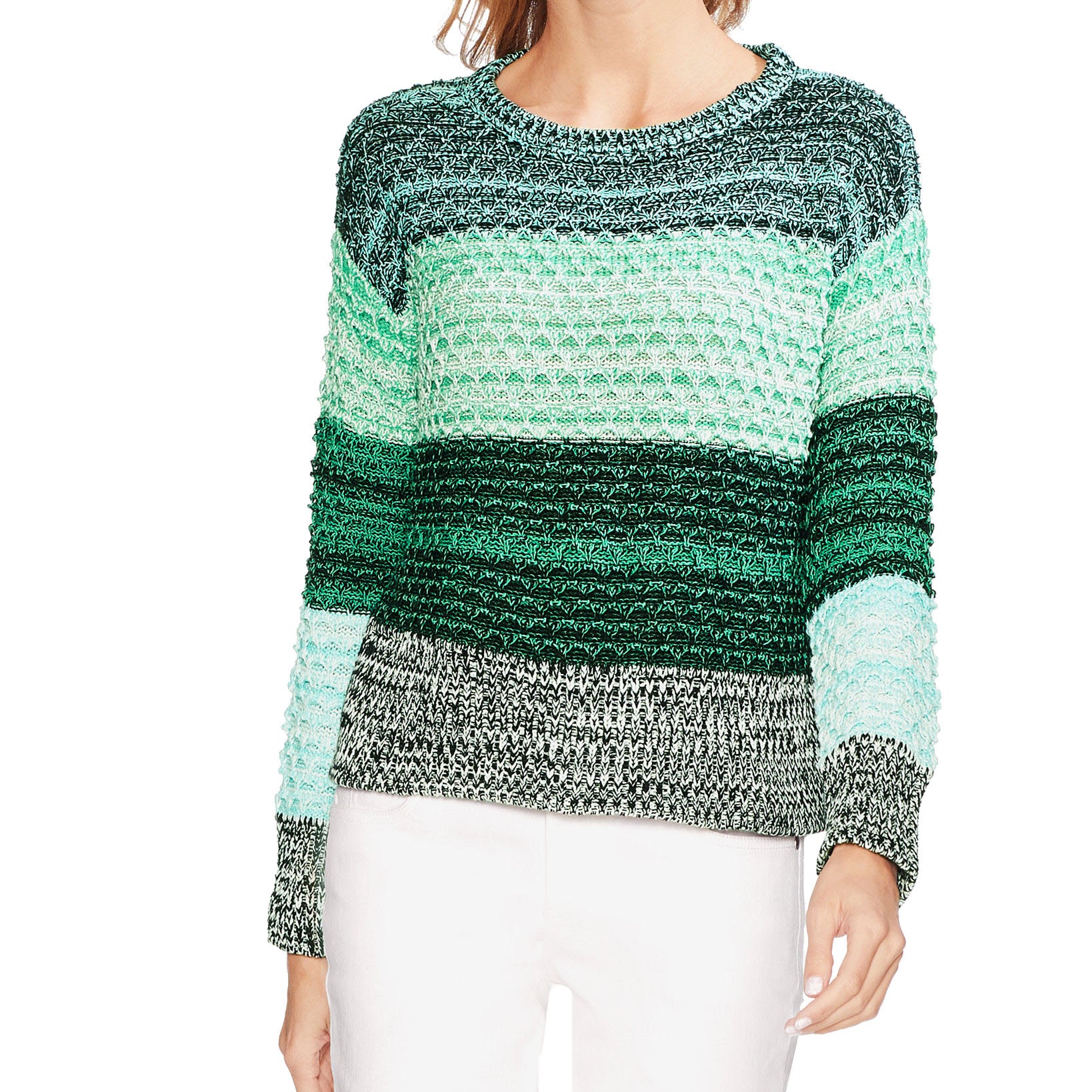 Vince Camuto Women Colorblock Crewneck Striped Sweater Rich Green
