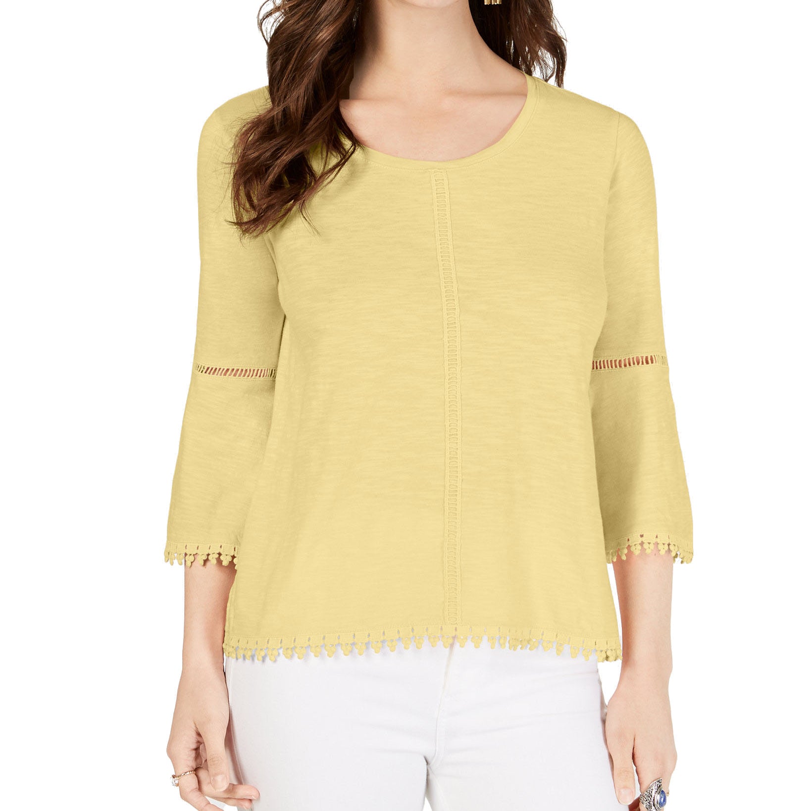 Style & Co Women Petite Crochet Trim Bell Sleeve Top Soft Sun