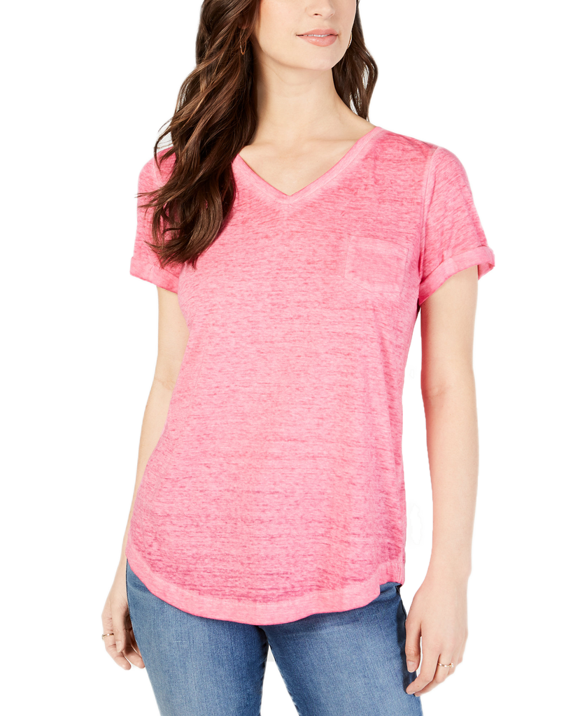 Style & Co Women Petite Burnout V Neck T Shirt Pink Breeze