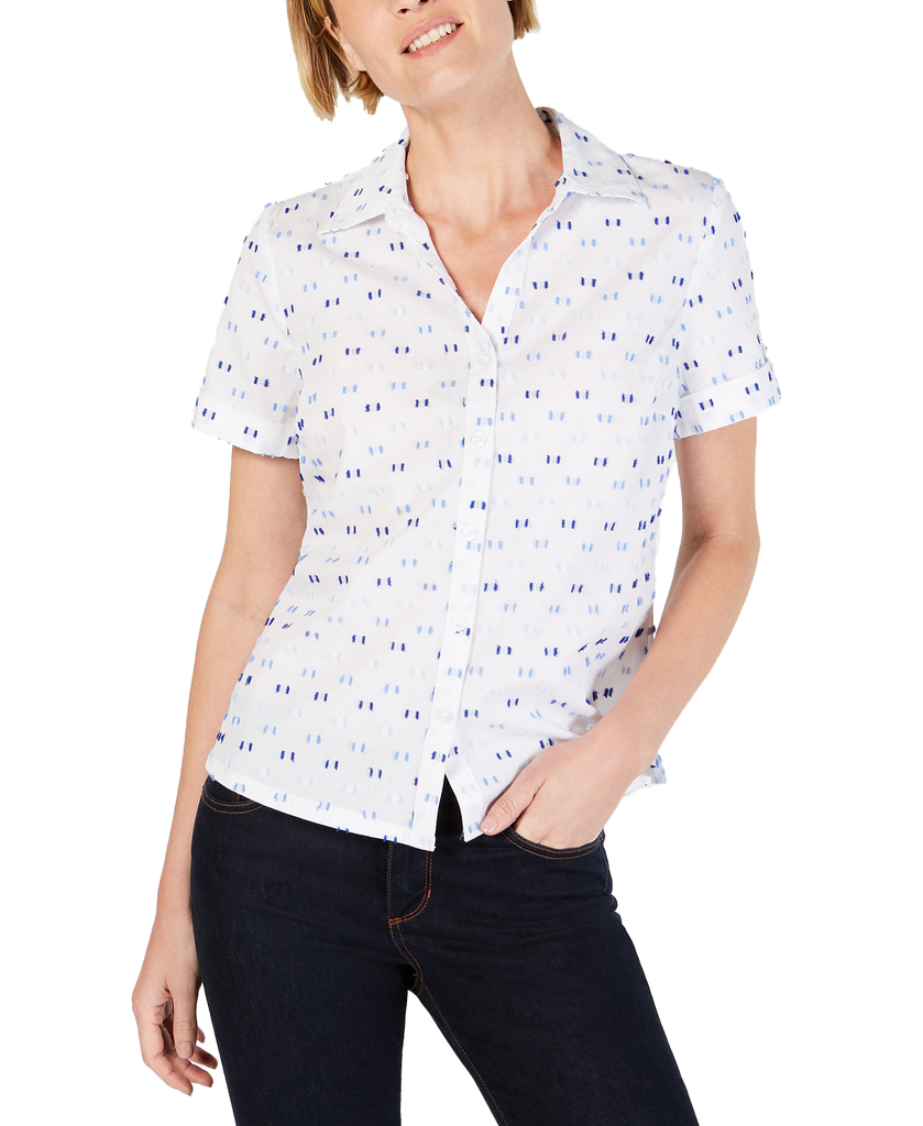 Karen Scott Women Clip Dot Roll Tab Shirt Blue Combo