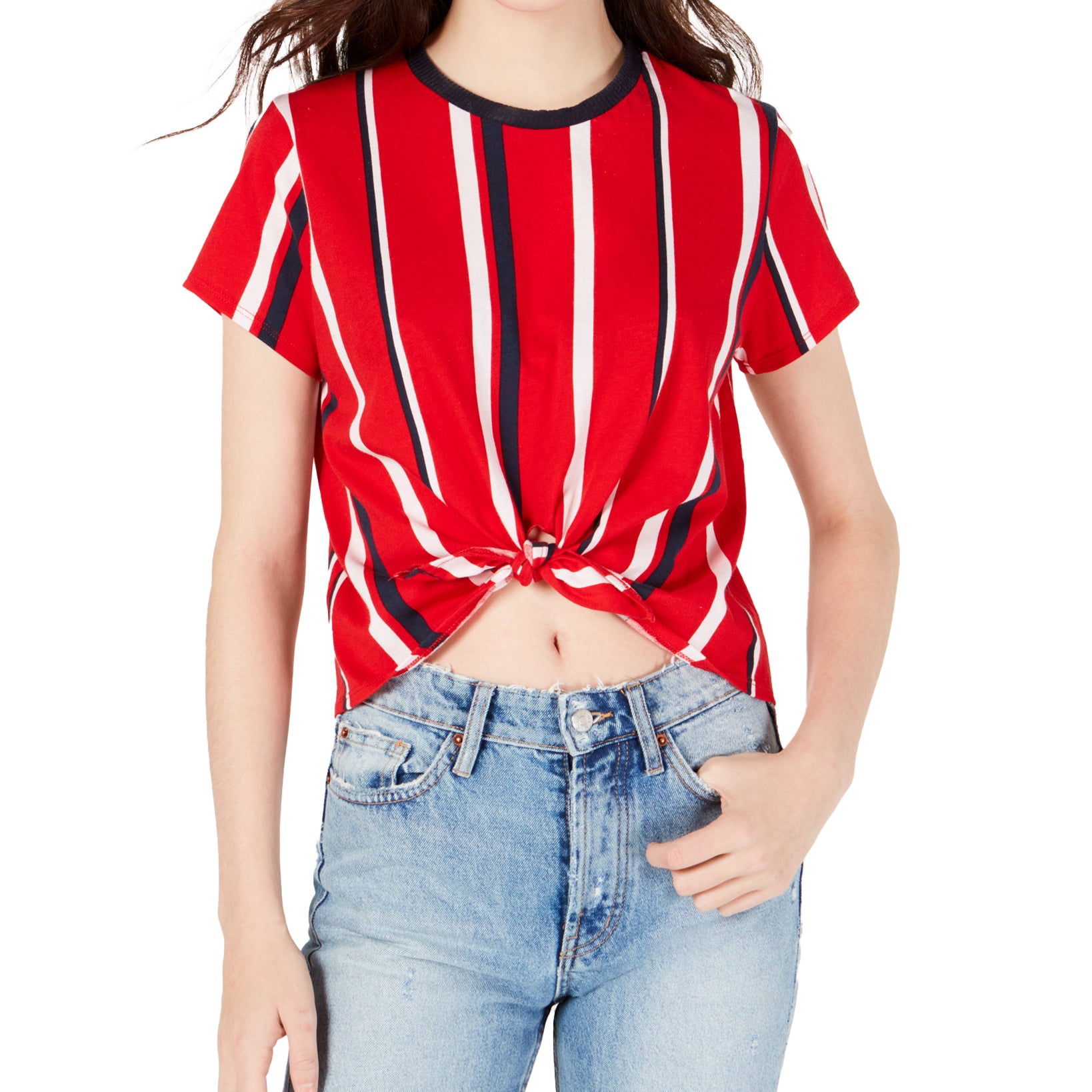 Polly & Esther Juniors Striped Knot Front Cropped T Shirt Red navy