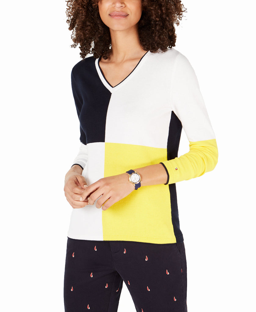 Tommy Hilfiger Women Colorblocked V Neck Cotton Sweater Lemon Multi