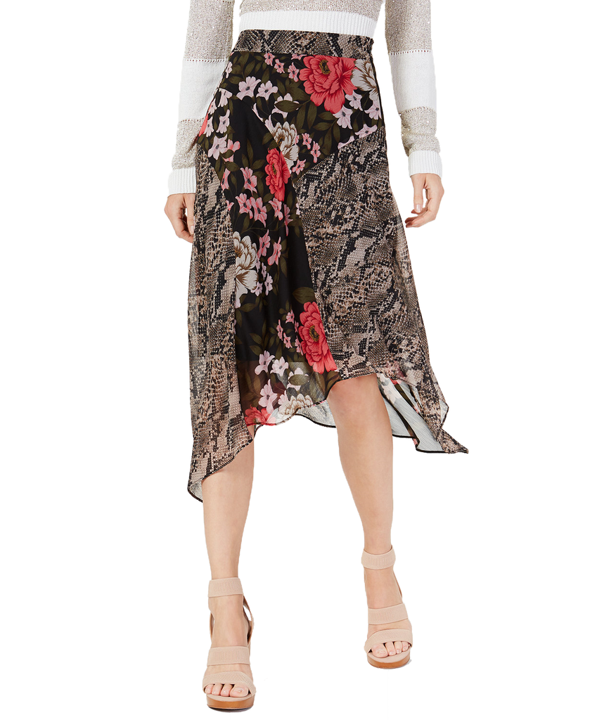 INC International Concepts Women Petite Mixed Print Floral Midi Skirt Blossom Snake