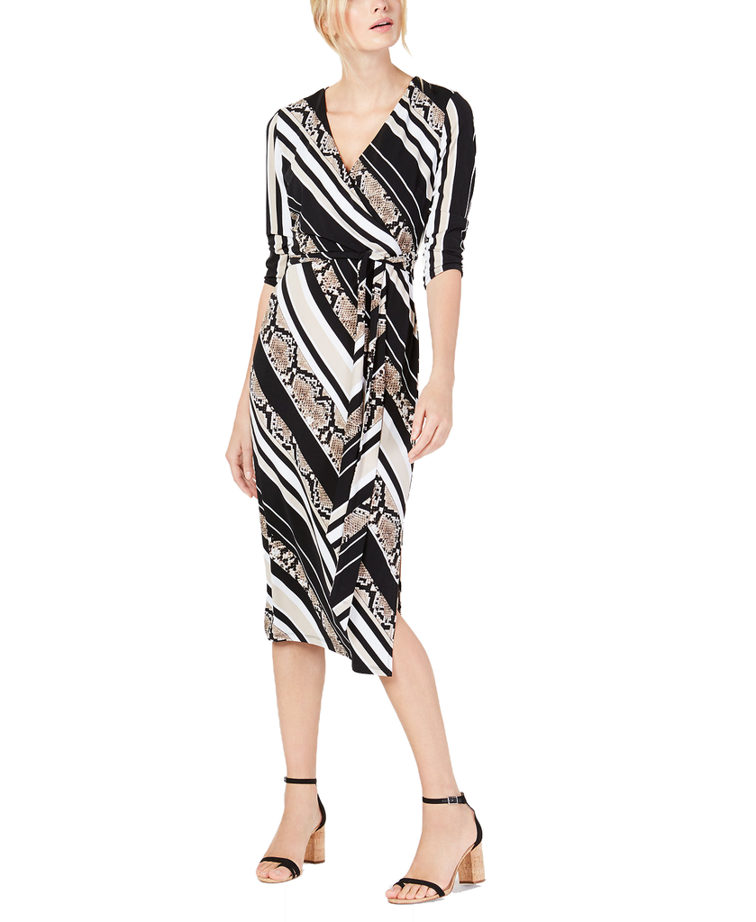INC International Concepts Women Petite Python Print Striped Wrap Dress Snake Stripe