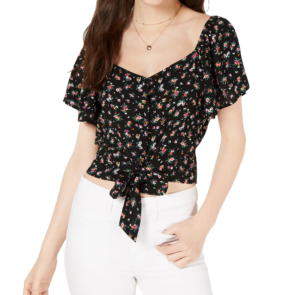 Gypsies & Moondust Women Printed Tie Front Blouse Black Floral