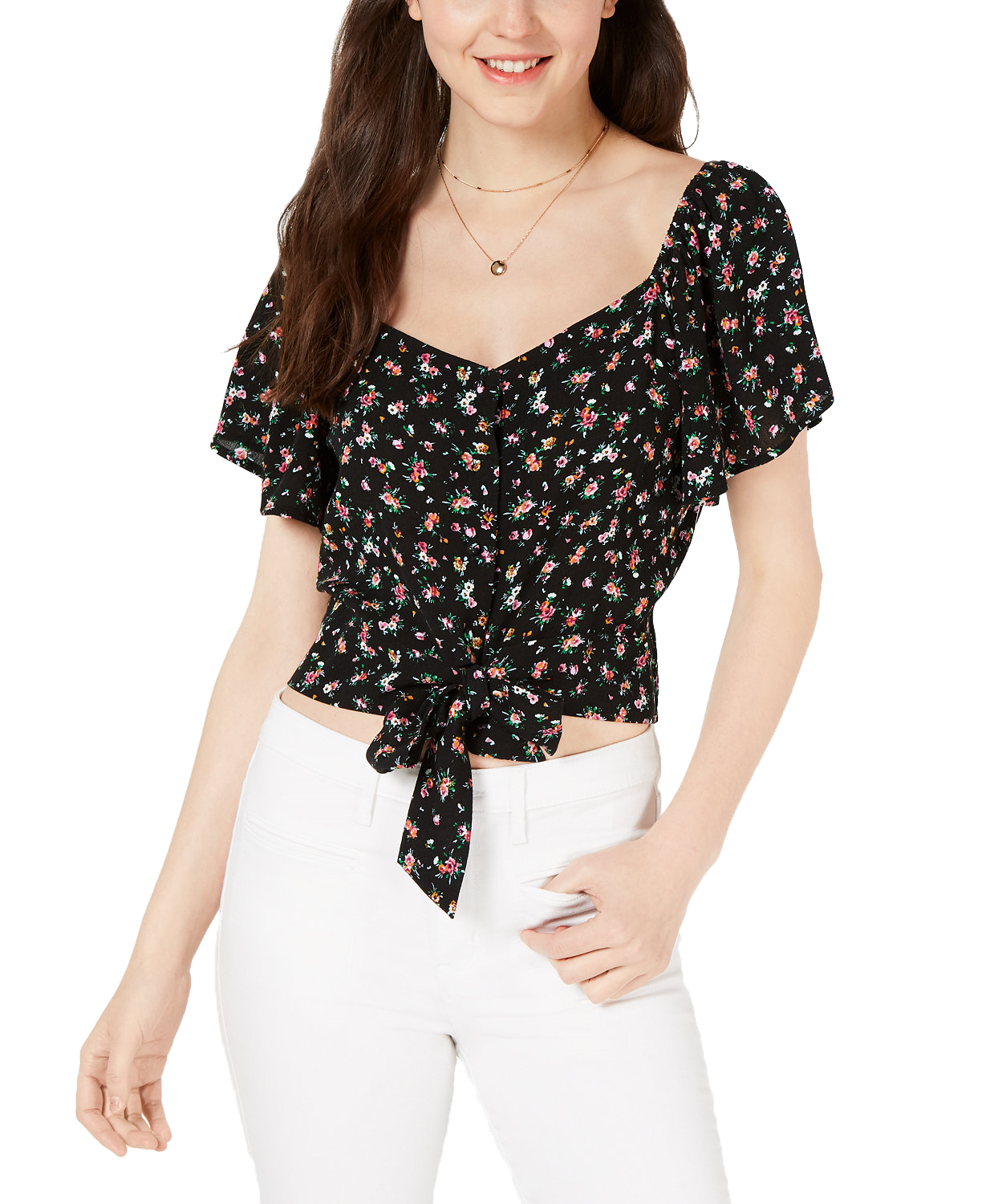 Gypsies & Moondust Women Printed Tie Front Blouse Black Floral