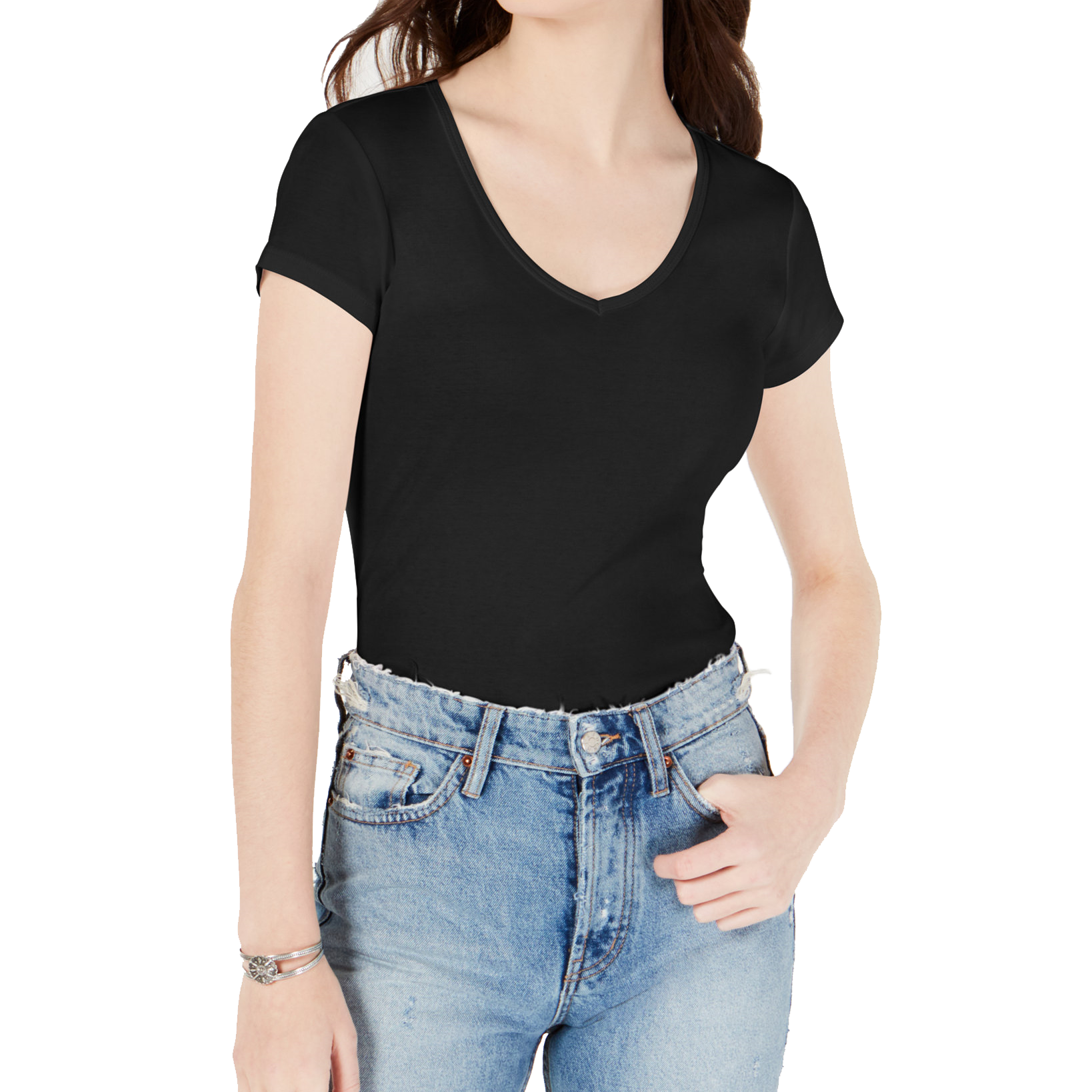 Ultra Flirt Women Cotton V Neck Baby T Shirt Black