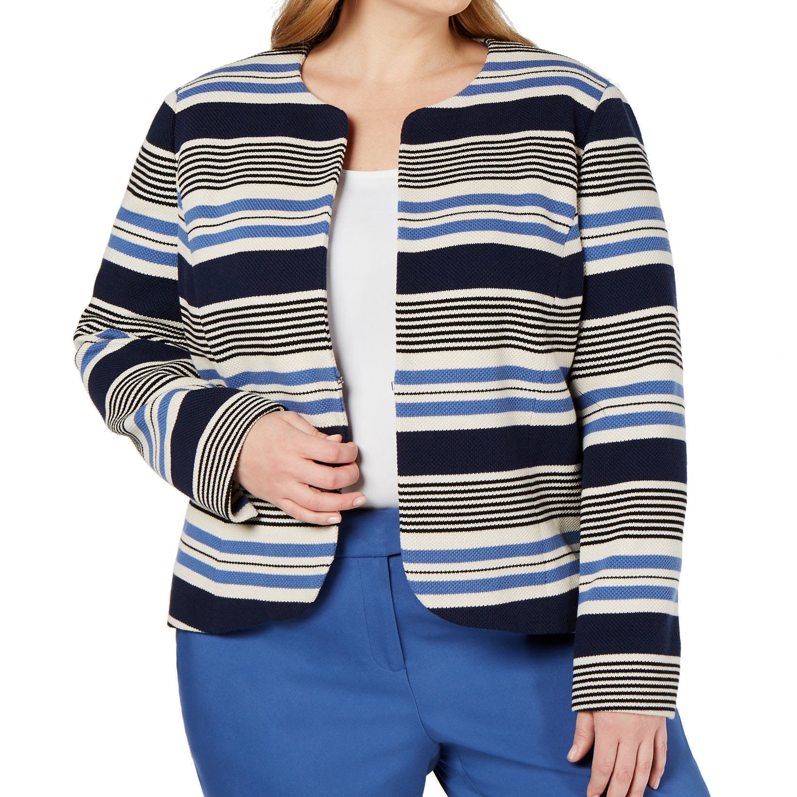 Anne Klein Women Plus Striped Tulip Jacket Rainshadow White Combo